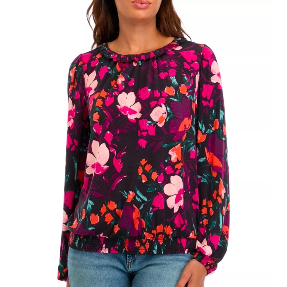 Wonderly Womens XL Floral Ruffle Neck Smocked Hem Long Sleeve Blouse Pink Purple